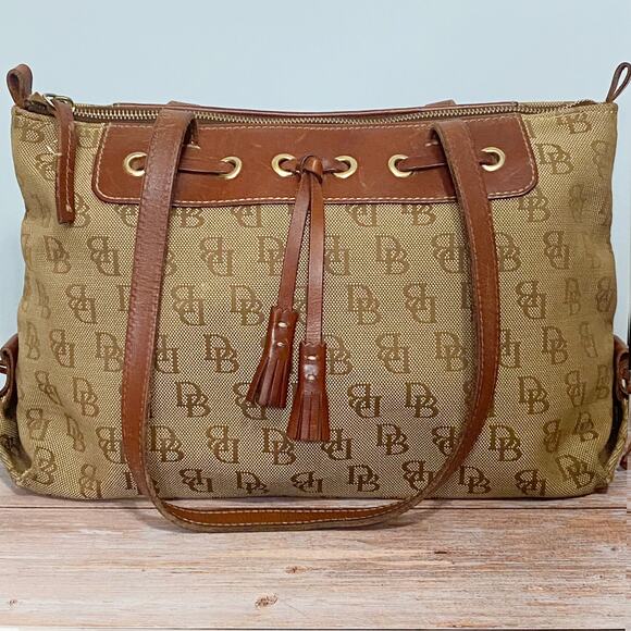 Vintage Dooney & Bourke Monogram Canvas Tote Bag with Leather Accents - Picture 1 of 12